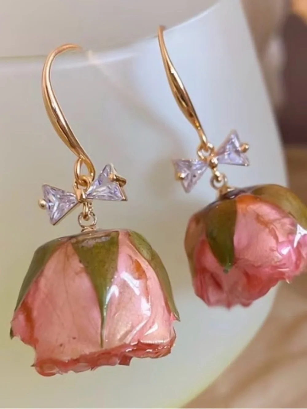 Gold Bow Pink Rose Drop Earrings by
